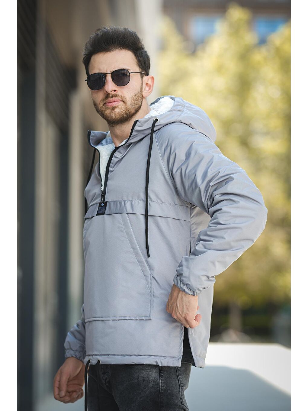 Gri Kai Dar Kesim İçi Kürklü Suya Dayanıklı Kanguru Mont-1