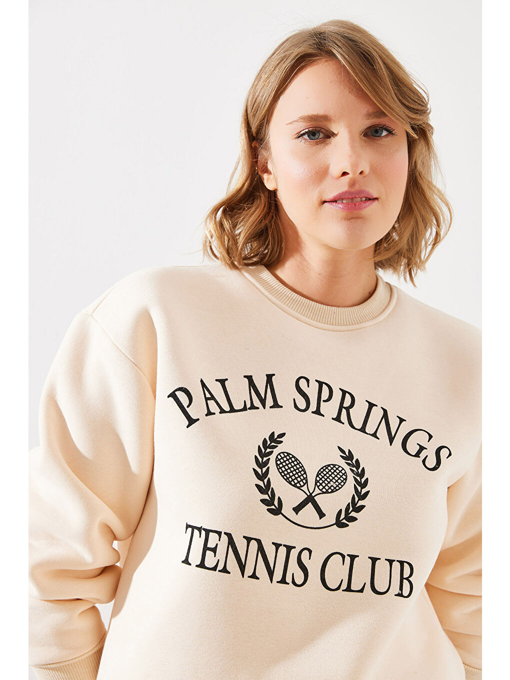 SHADE Bej Kadın Üç İplik Şardonlu Palm Springs Tenis Vintage Kolej Sweatshirt MBHS - 1