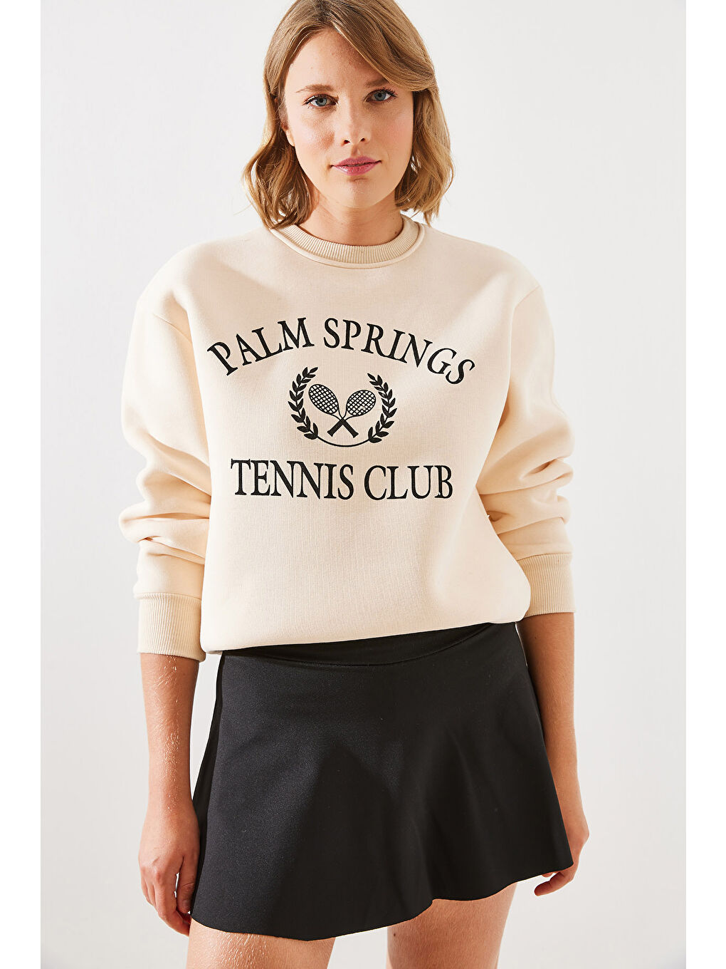 SHADE Bej Kadın Üç İplik Şardonlu Palm Springs Tenis Vintage Kolej Sweatshirt MBHS - 3