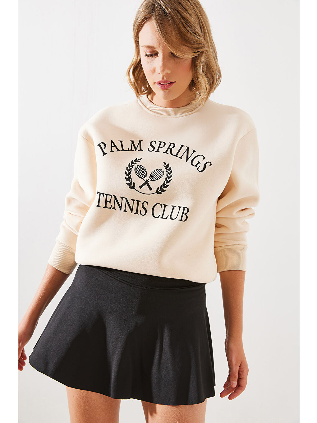 SHADE Bej Kadın Üç İplik Şardonlu Palm Springs Tenis Vintage Kolej Sweatshirt MBHS - 4