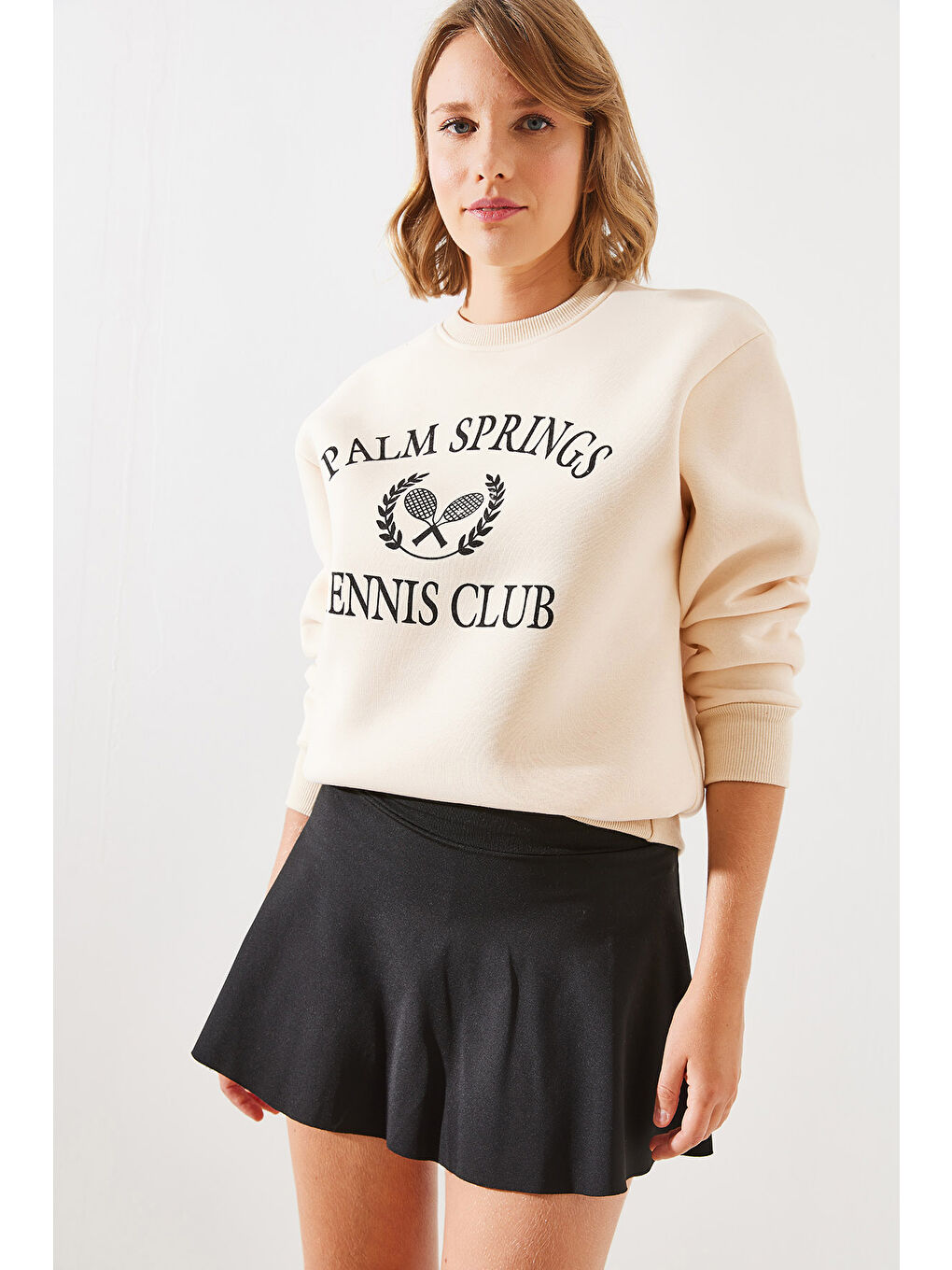 SHADE Bej Kadın Üç İplik Şardonlu Palm Springs Tenis Vintage Kolej Sweatshirt MBHS - 5