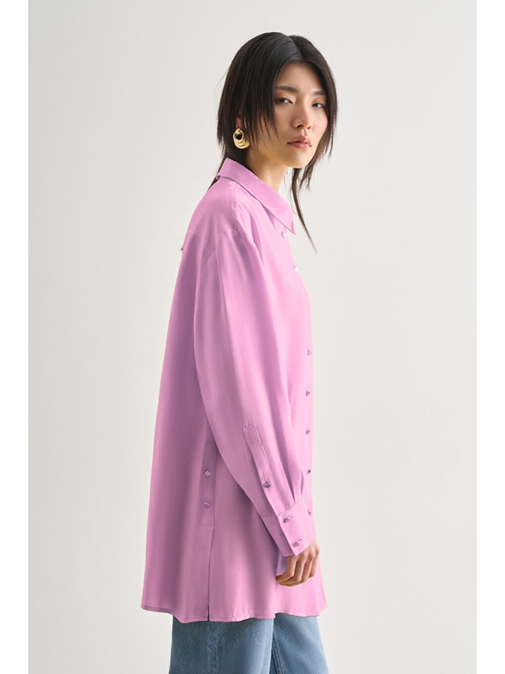 Yan Düğme Detaylı Premium Modal Pembe Tunik-1