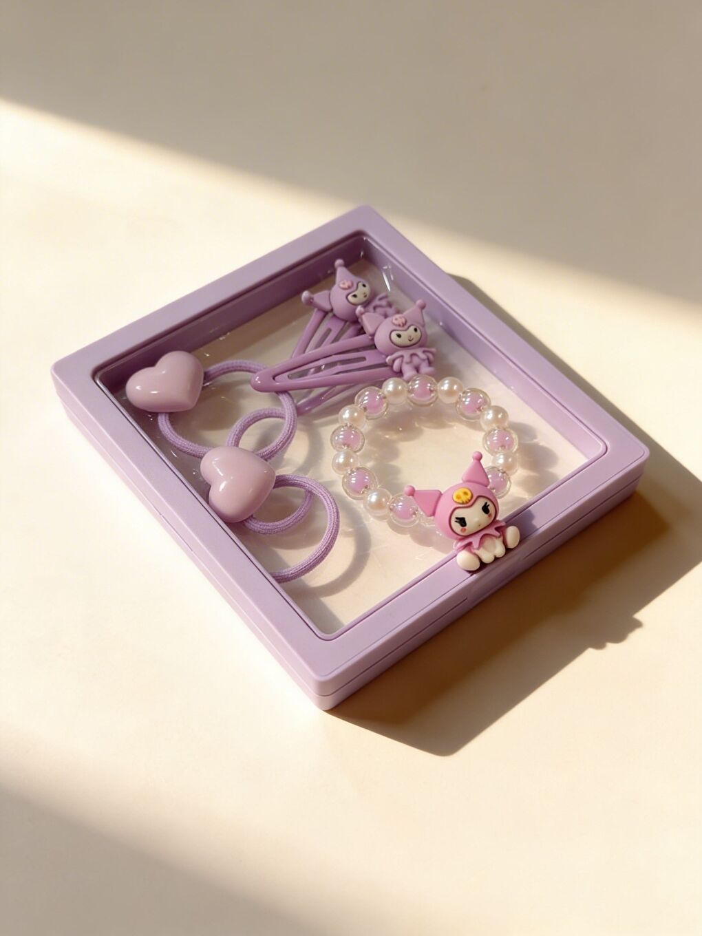 Mor Kız Çocuk 5'Li Kuromi Plastik Kutulu Toka Bileklik Seti Lila-1