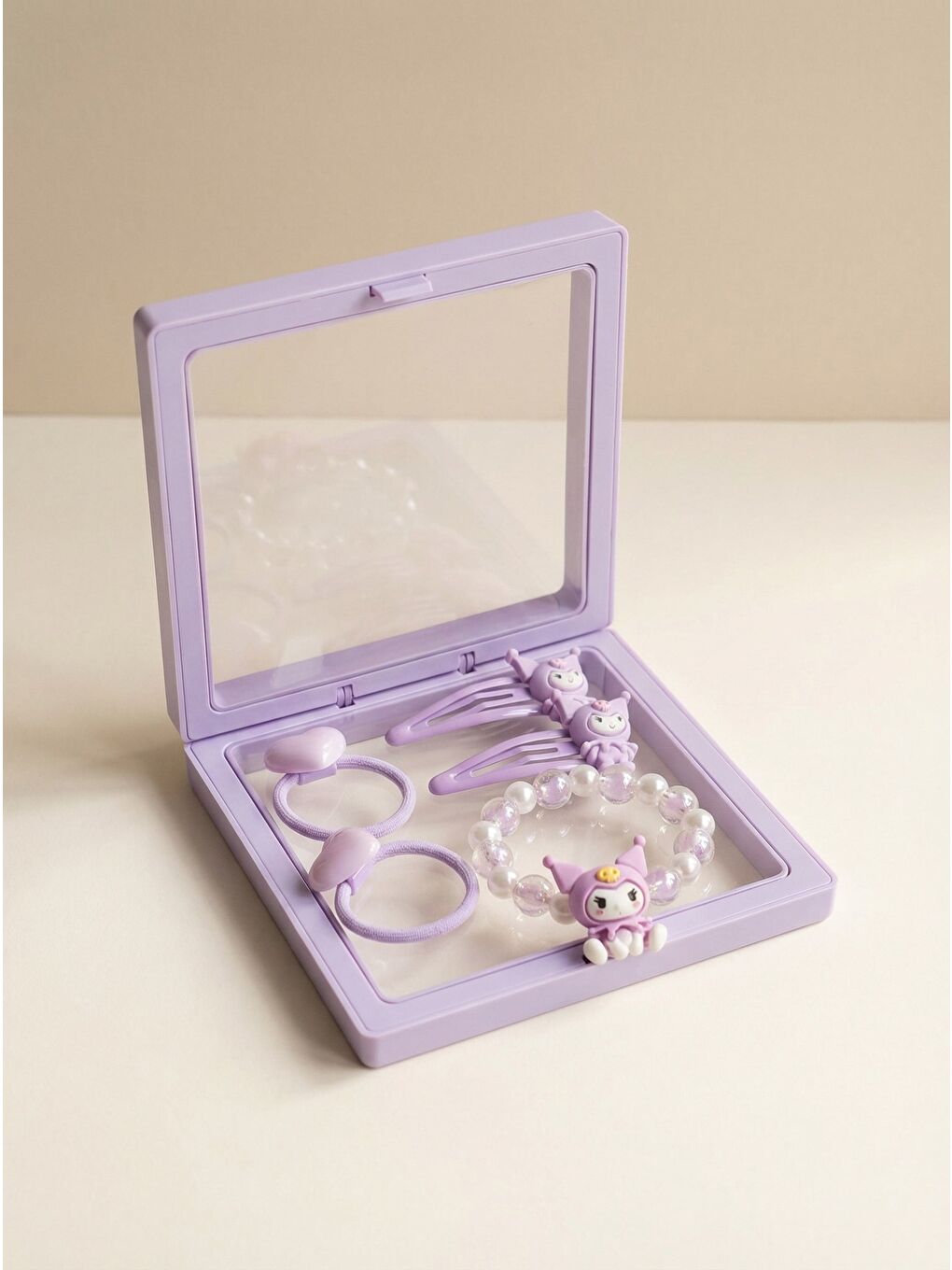 Mor Kız Çocuk 5'Li Kuromi Plastik Kutulu Toka Bileklik Seti Lila-2