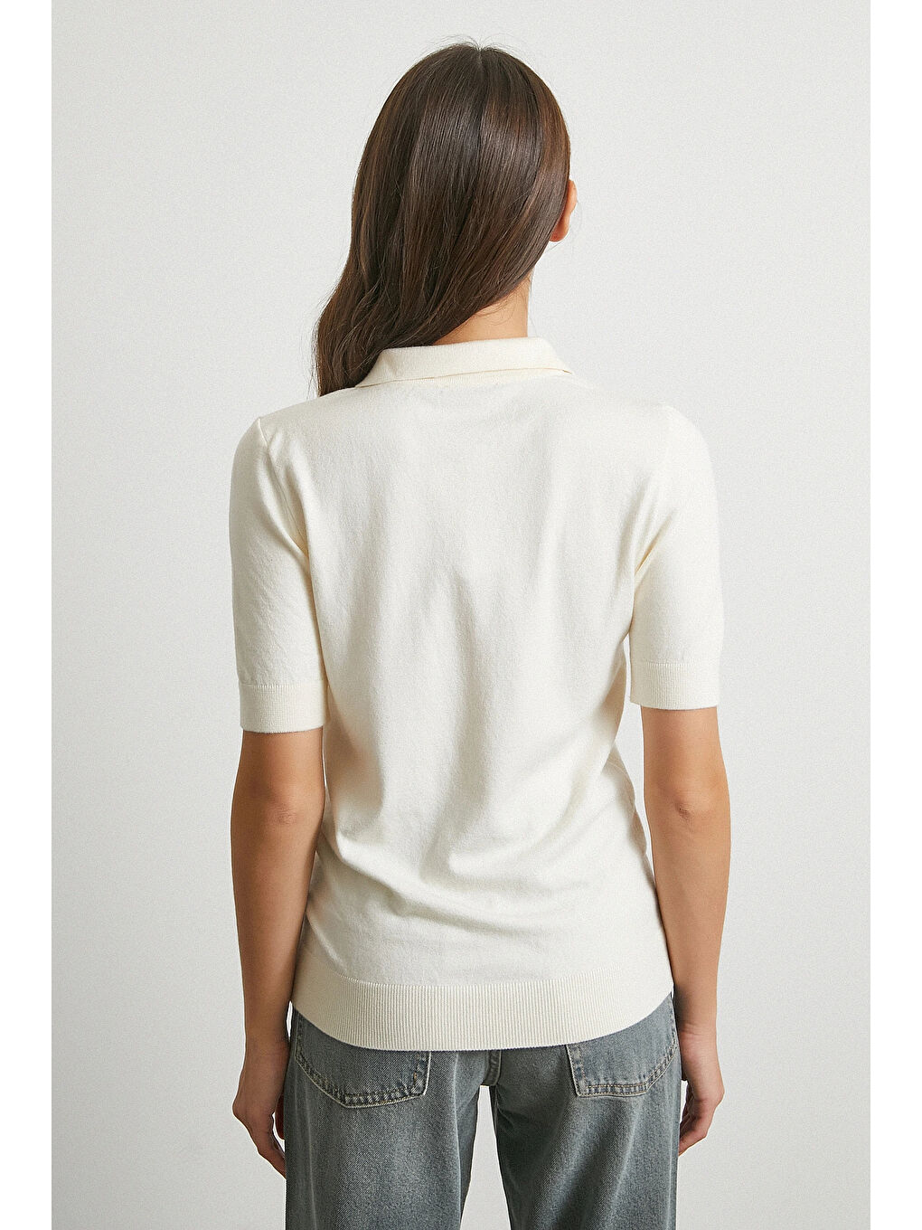 Polo Yaka Düğmeli Kısa Kol Triko Ekru-5