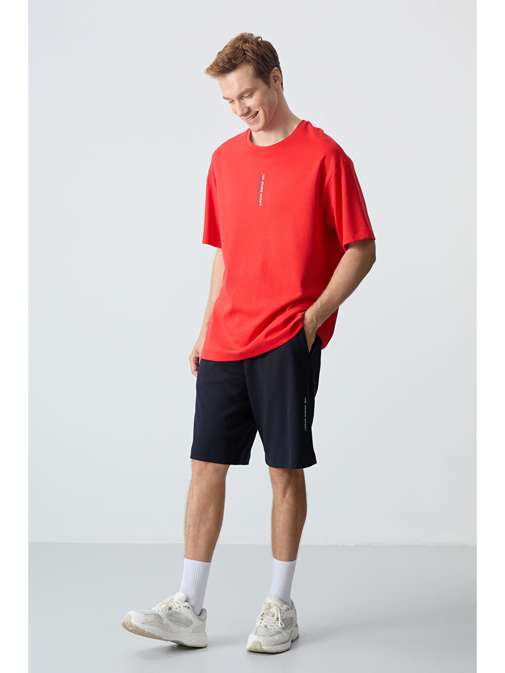 Kırmızı Fiesta Lacivert Pamuklu Kalın Yumuşak Dokulu Oversize Fit Basic Erkek Şort Takım - 85258