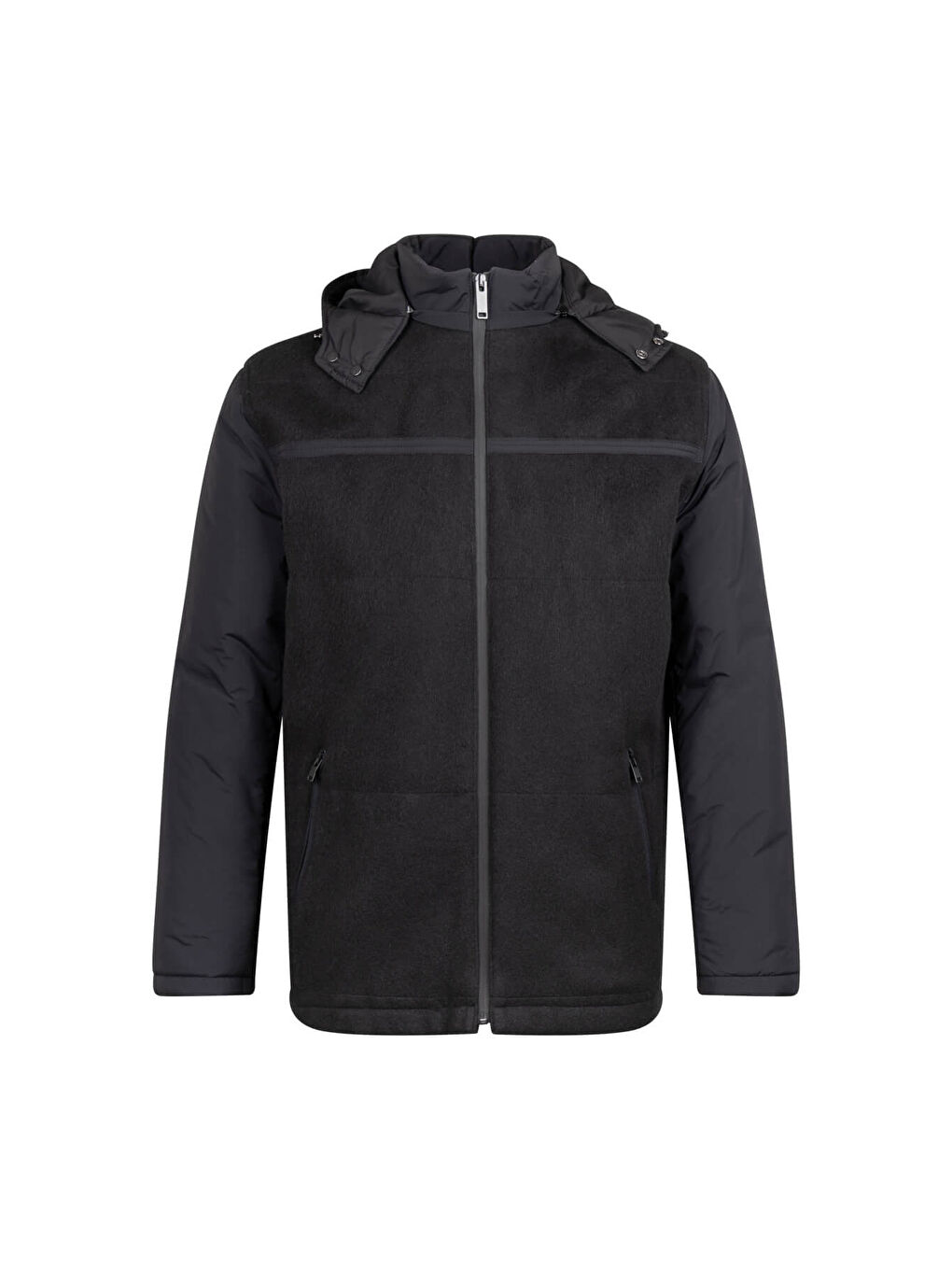 Siyah Regular Fit Hakim Yaka Yünlü Kapüşonlu Şişme Mont