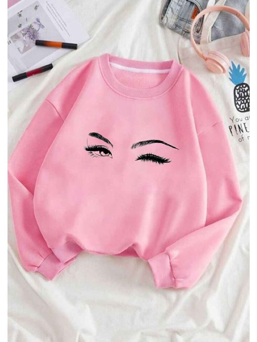 Trendseninle Pembe Kadın Pembe Good Eyes Baskılı Bisiklet Yaka Sweatshirt