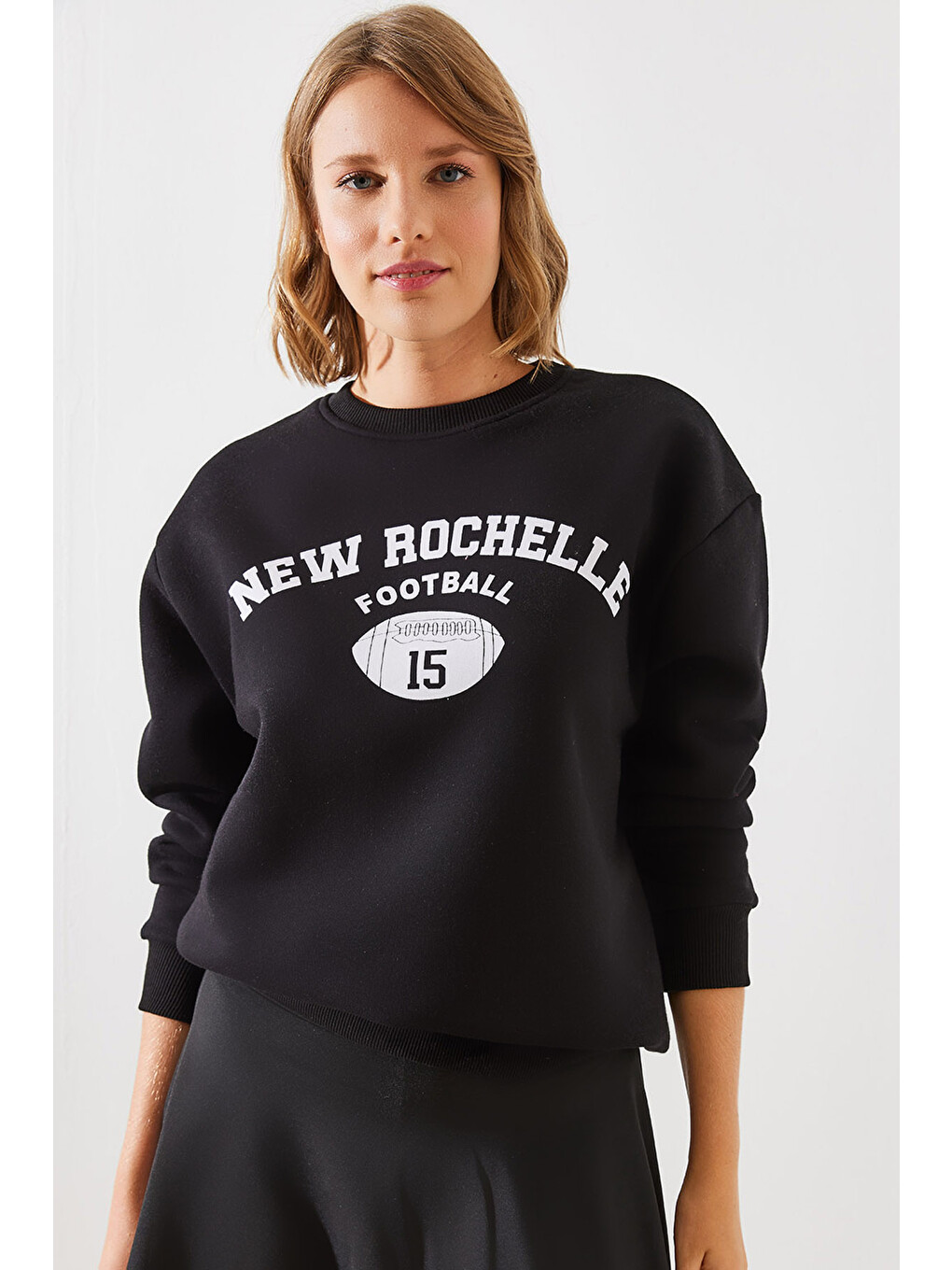 Siyah Kadın Üç İplik Şardonlu Rochelle Yazı Baskılı Sweatshirt Mbhs