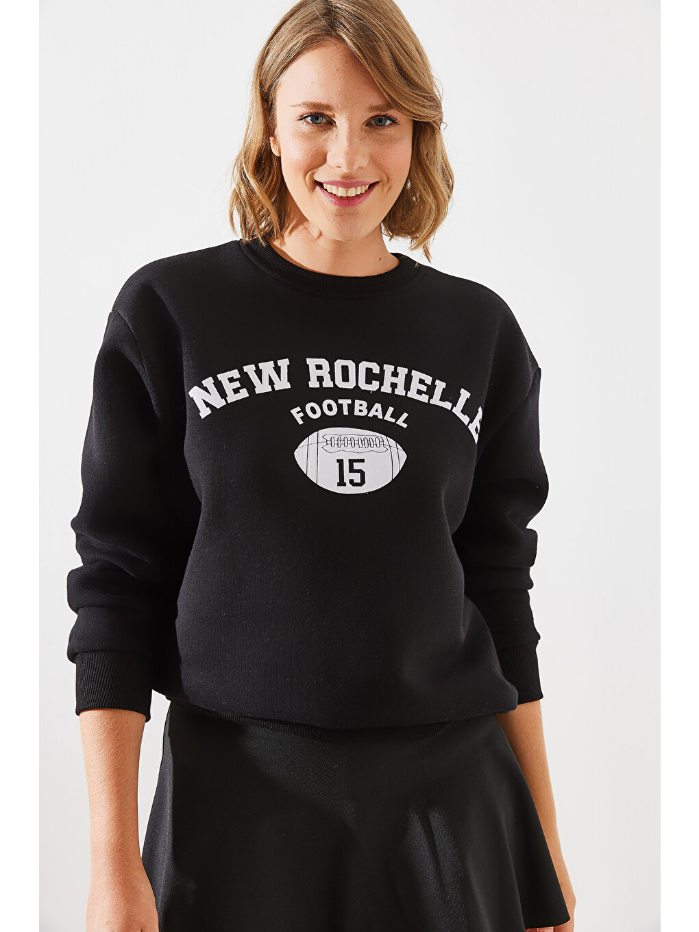 Siyah Kadın Üç İplik Şardonlu Rochelle Yazı Baskılı Sweatshirt Mbhs-1