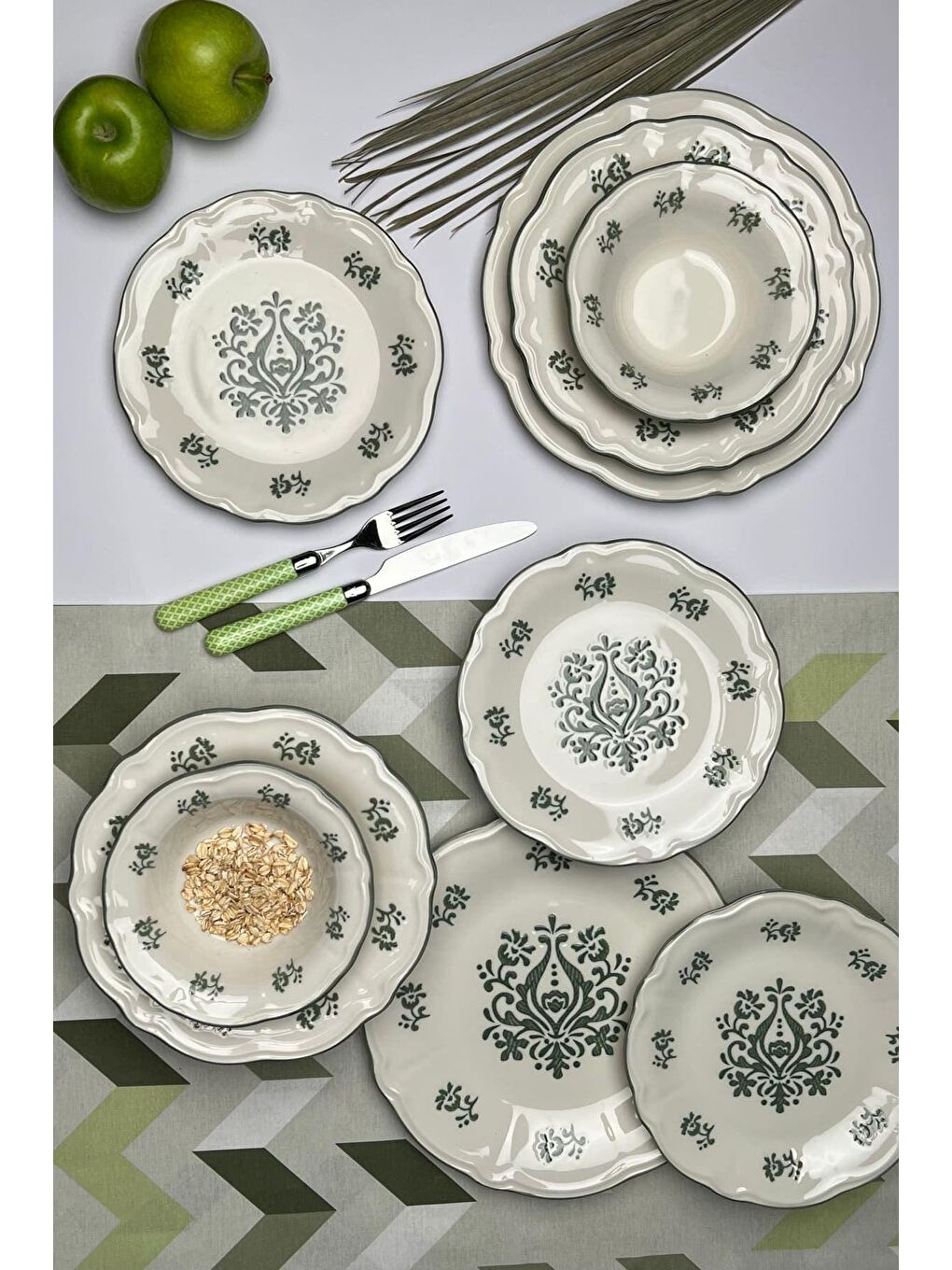 TABAK EVİ Krem-Beyaz Stoneware Flower Green Yemek Takımı 6 Kişilik 24 Parça