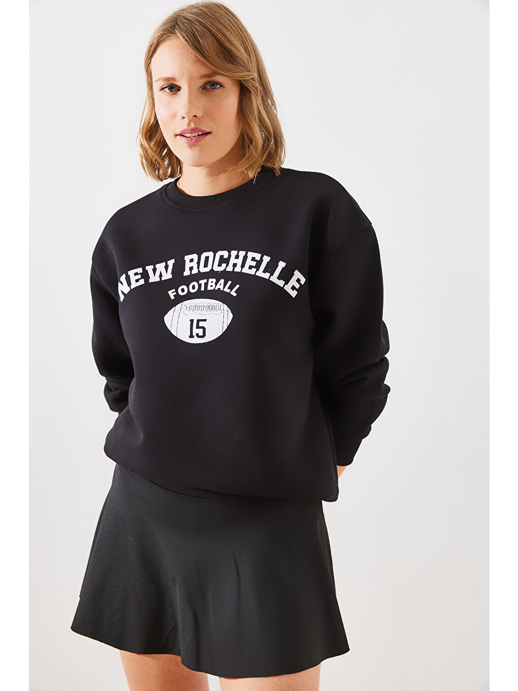 Siyah Kadın Üç İplik Şardonlu Rochelle Yazı Baskılı Sweatshirt Mbhs-2