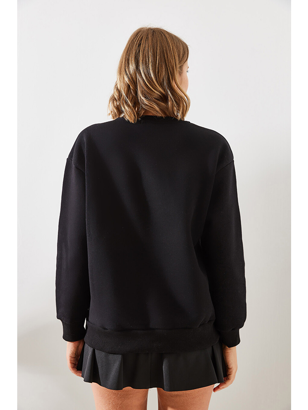 Siyah Kadın Üç İplik Şardonlu Rochelle Yazı Baskılı Sweatshirt Mbhs-5