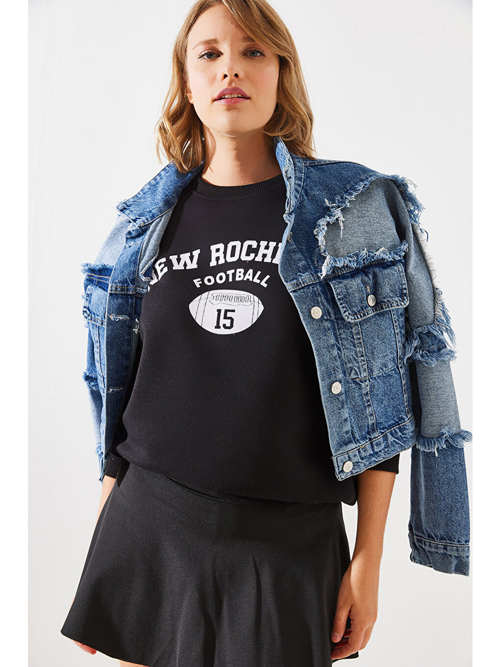 Siyah Kadın Üç İplik Şardonlu Rochelle Yazı Baskılı Sweatshirt Mbhs-6