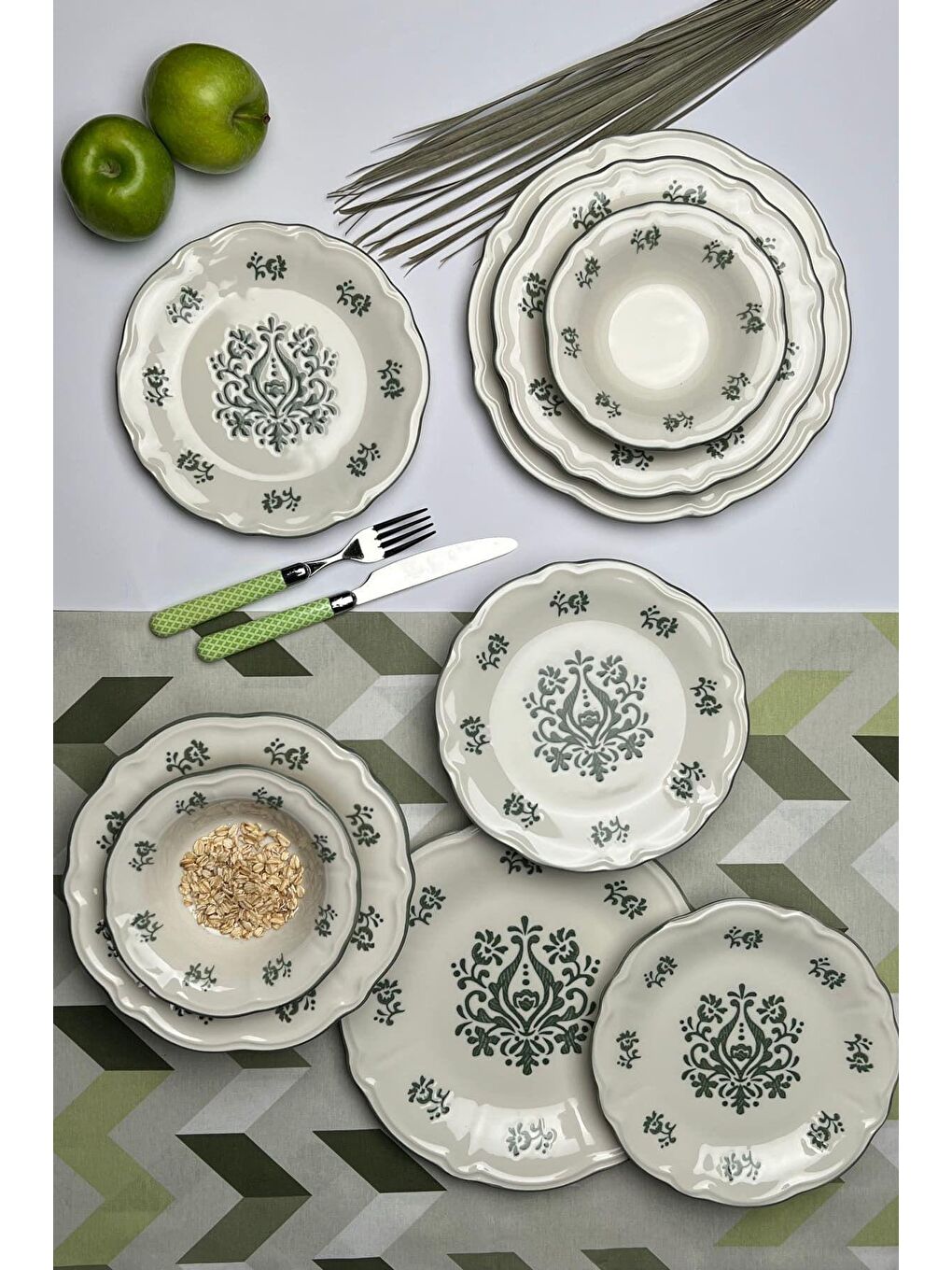 TABAK EVİ Krem-Beyaz Stoneware Flower Green Yemek Takımı 6 Kişilik 24 Parça - 1