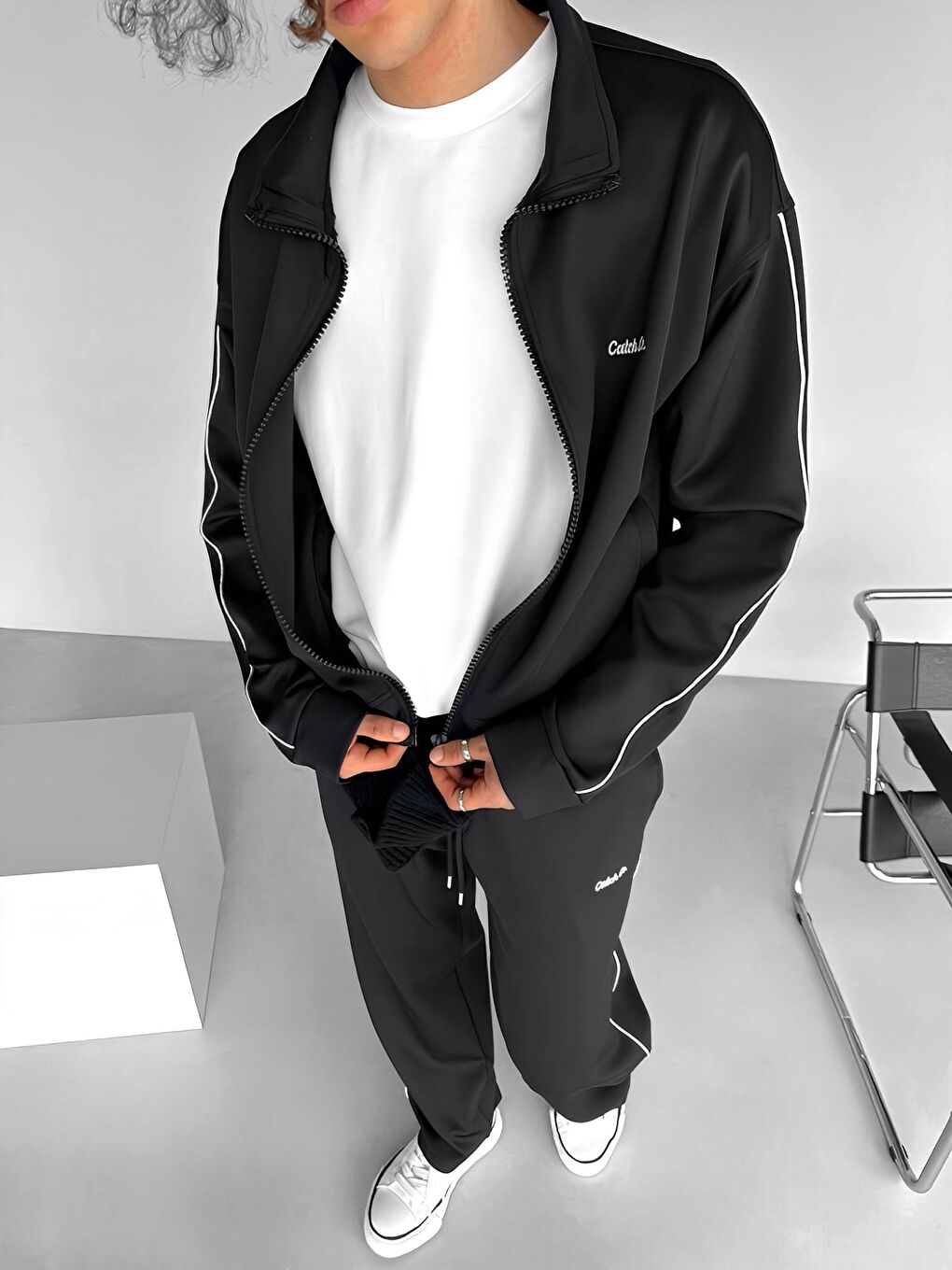 Erkek Oversize Fermuarlı Baskılı Sweatshirt Siyah-1