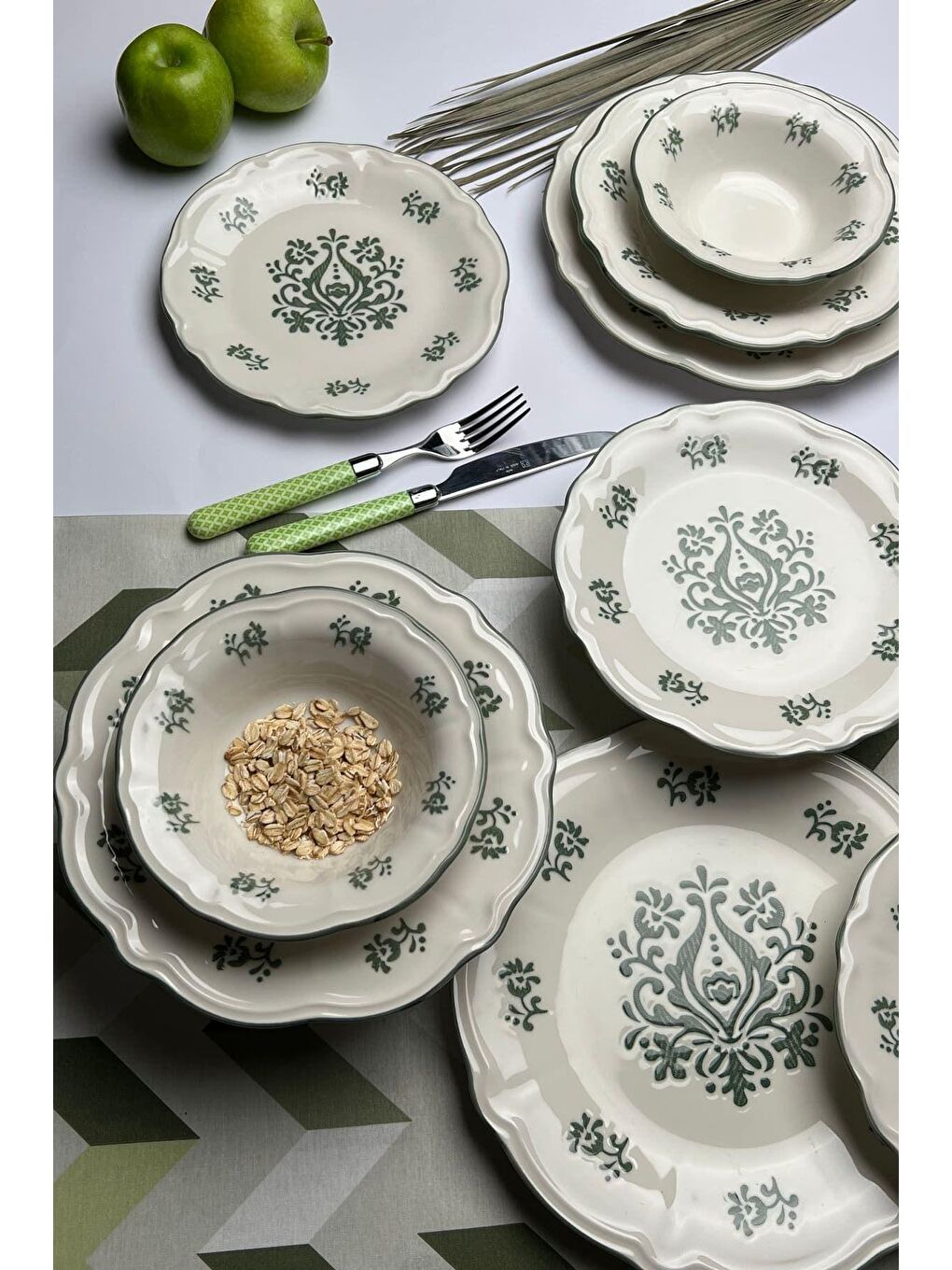 TABAK EVİ Krem-Beyaz Stoneware Flower Green Yemek Takımı 6 Kişilik 24 Parça - 2