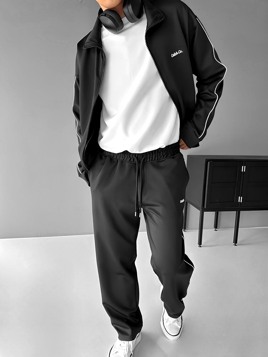 Erkek Oversize Fermuarlı Baskılı Sweatshirt Siyah-2