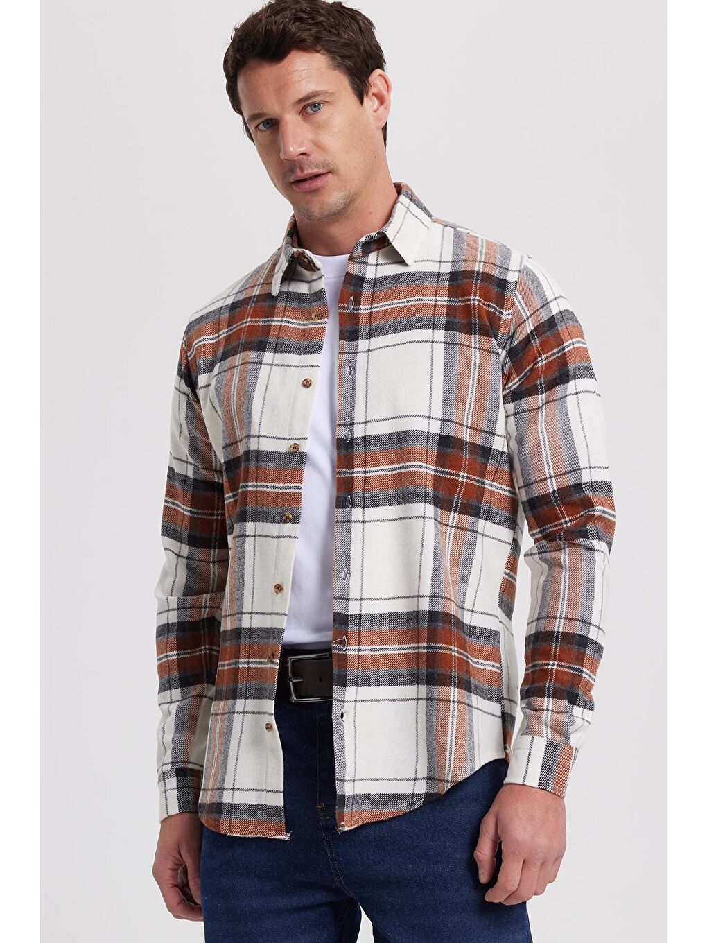 Ekru Erkek Slim Fit Dar Kesim Kareli Kışlık Oduncu Gömlek