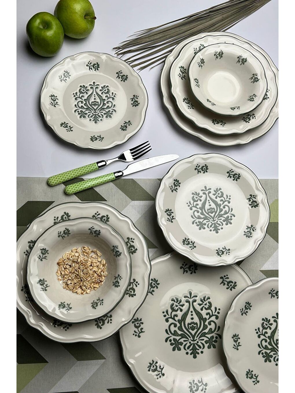 TABAK EVİ Krem-Beyaz Stoneware Flower Green Yemek Takımı 6 Kişilik 24 Parça - 3