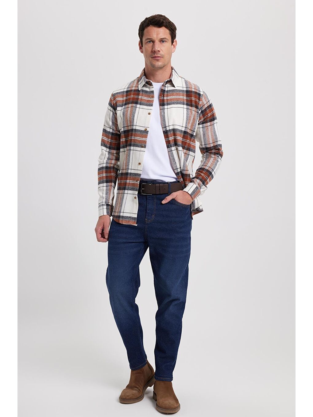 Ekru Erkek Slim Fit Dar Kesim Kareli Kışlık Oduncu Gömlek-1