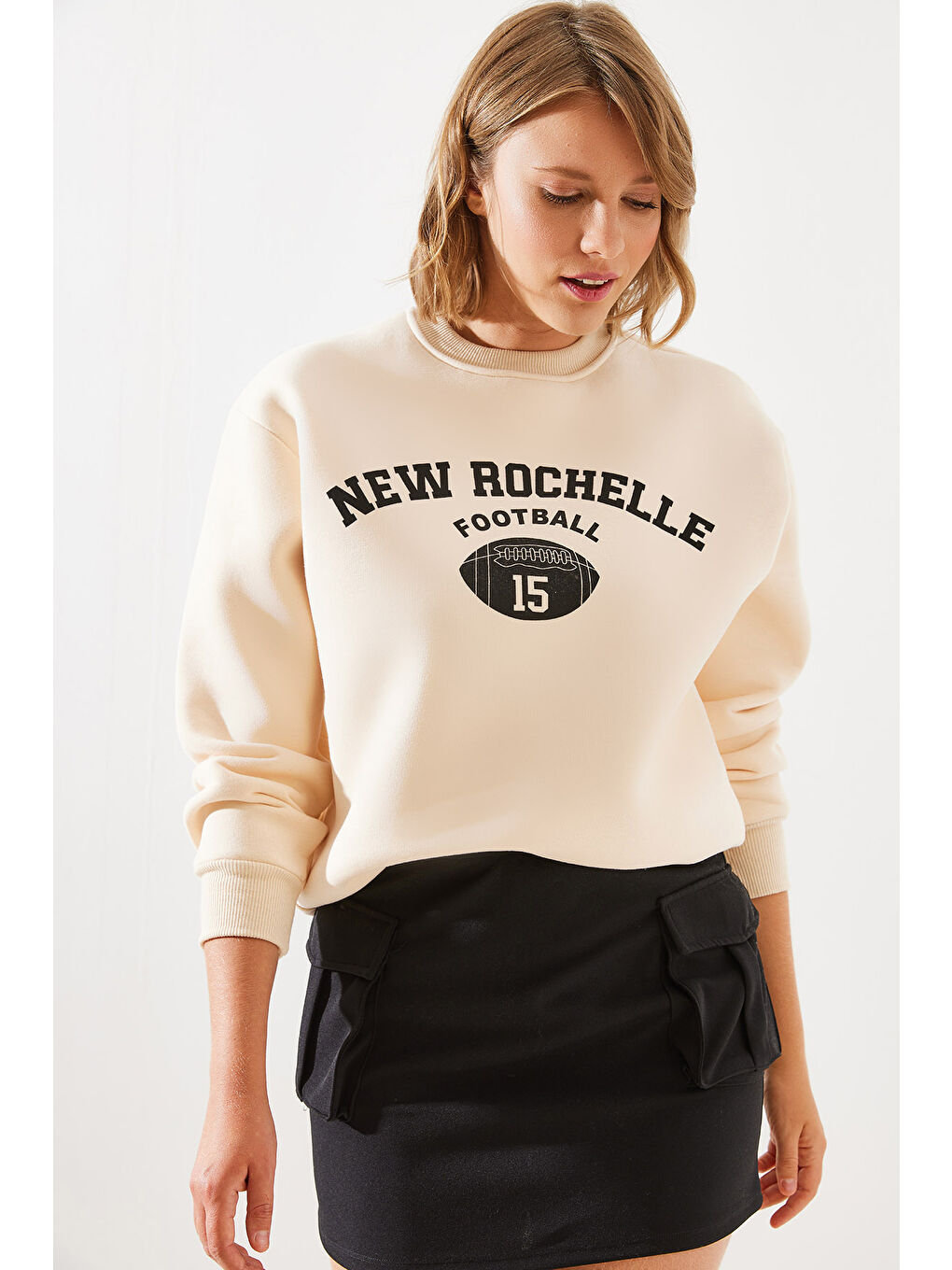 SHADE Bej Kadın Üç İplik Şardonlu Rochelle Yazı Baskılı Sweatshirt MBHS