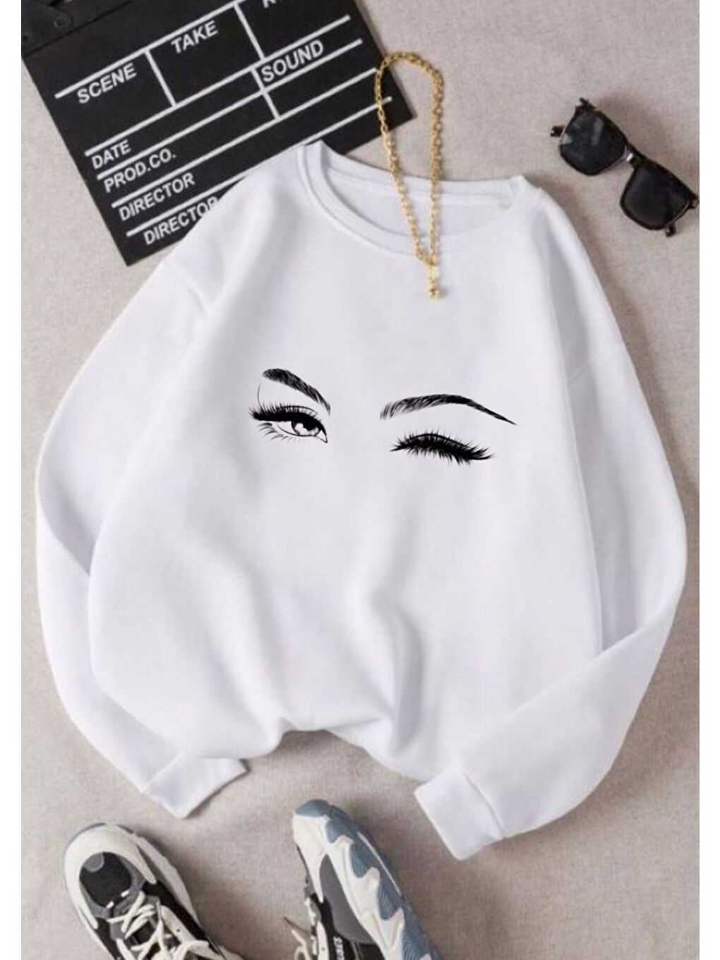 Trendseninle Kadın Beyaz Good Eyes Baskılı Bisiklet Yaka Sweatshirt