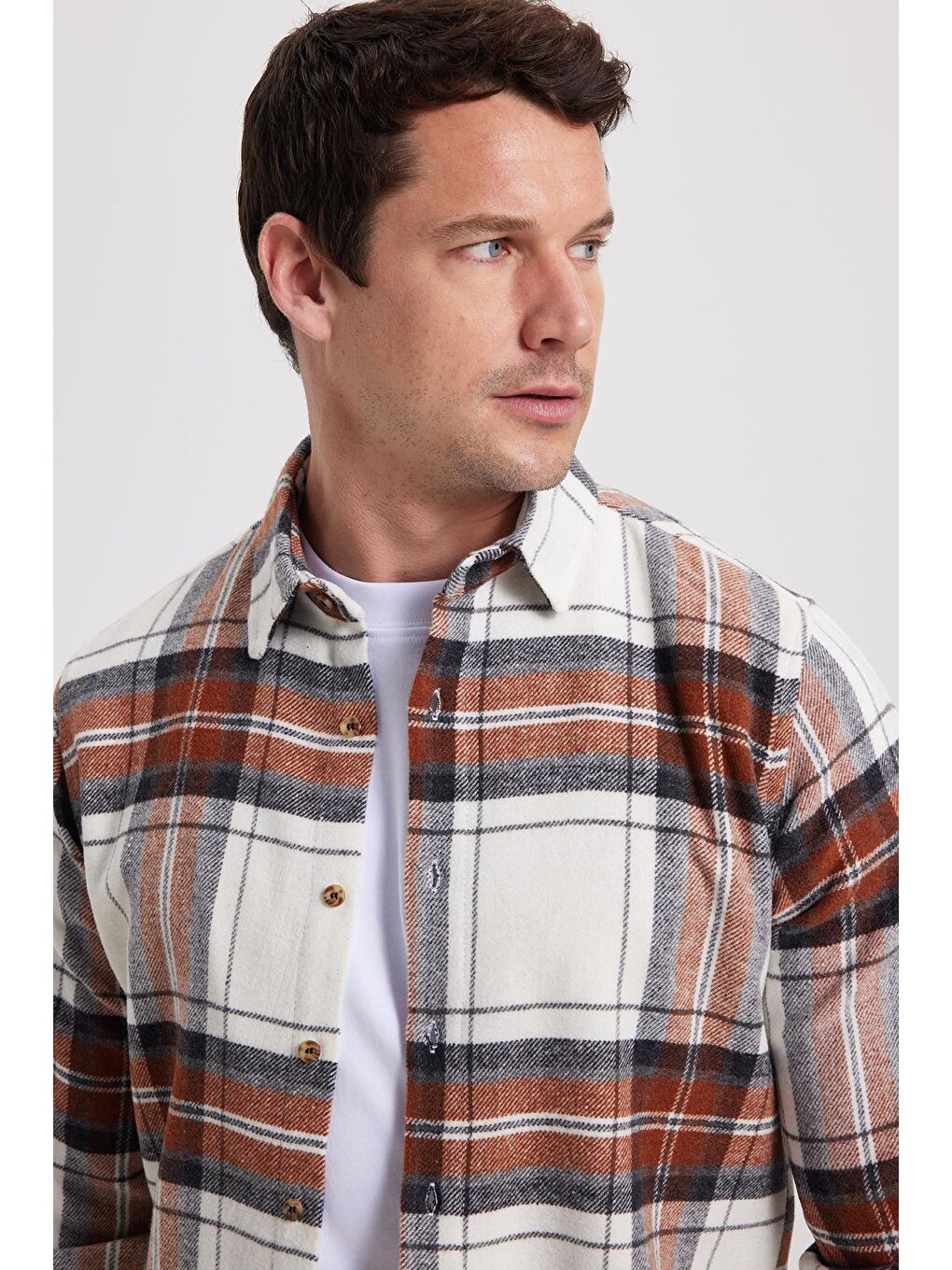 Ekru Erkek Slim Fit Dar Kesim Kareli Kışlık Oduncu Gömlek-2