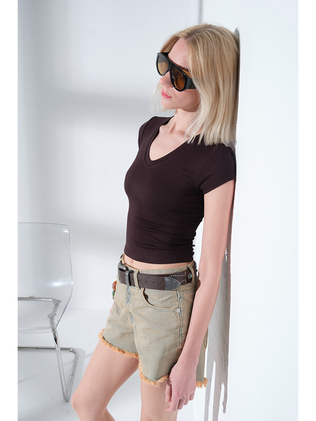 Kahverengi V Yaka Soft Touch Premium Ay Kol Örme Body Bluz @Alto-5