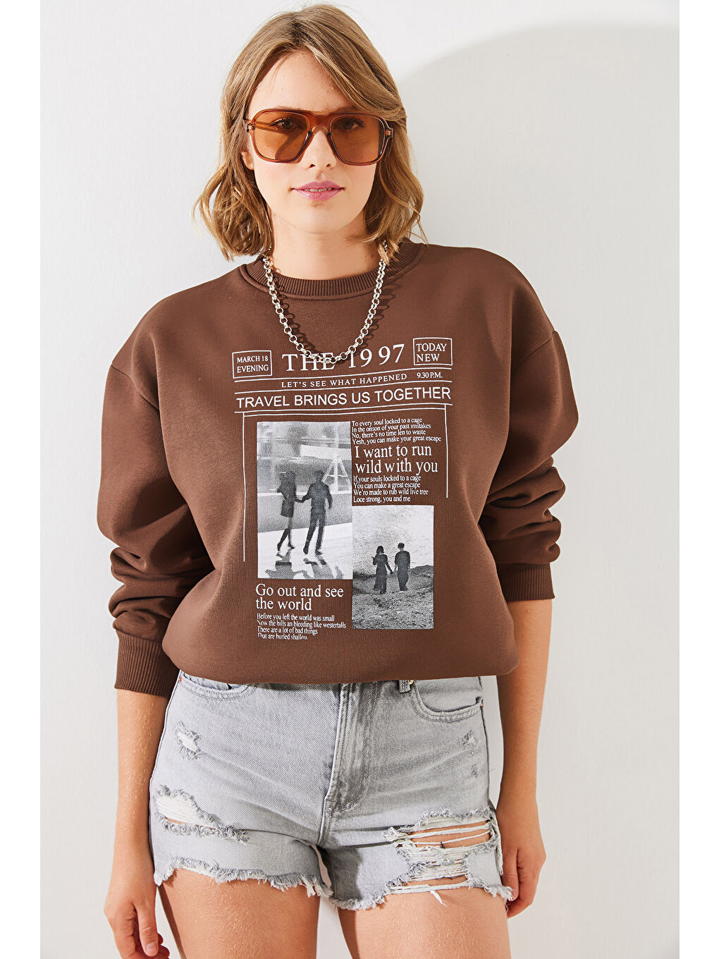 SHADE Kahverengi Kadın Üç İplik Şardonlu The Baskılı Sweatshirt MBHS - 4