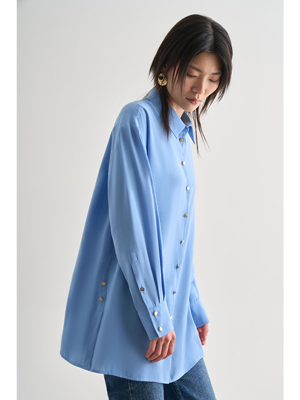 Yan Düğme Detaylı Premium Modal Mavi Tunik-1