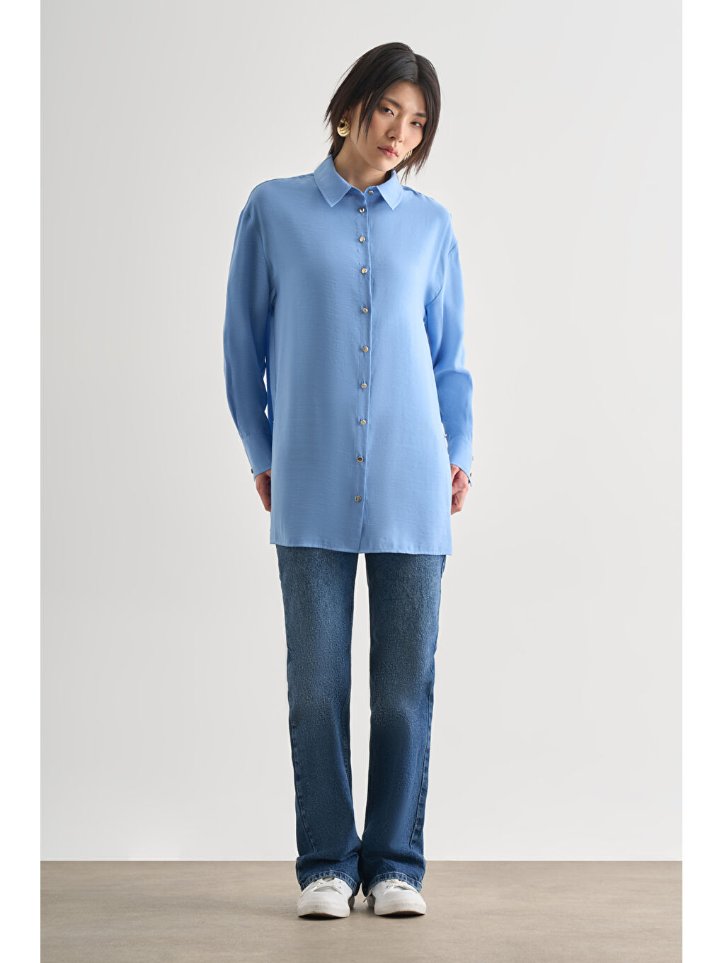 Yan Düğme Detaylı Premium Modal Mavi Tunik-2