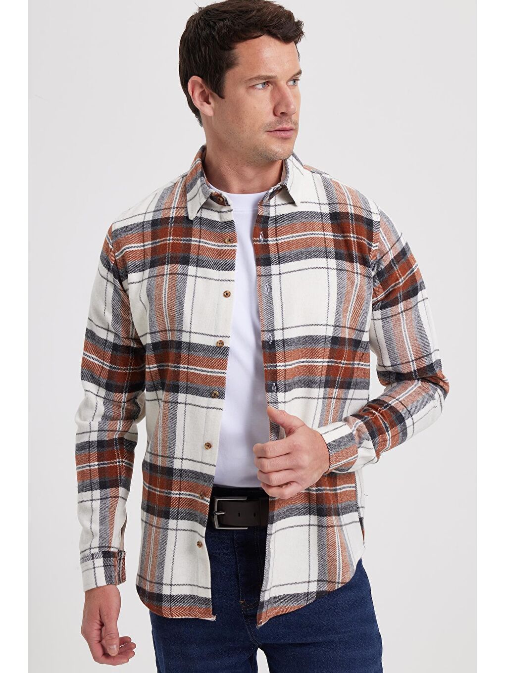 Ekru Erkek Slim Fit Dar Kesim Kareli Kışlık Oduncu Gömlek-6