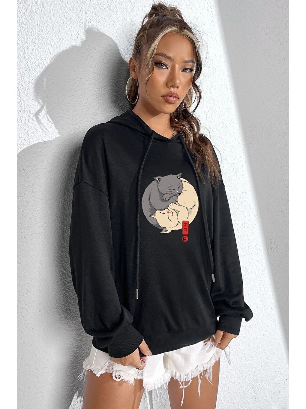 uyguntarz Siyah Unisex Yin Yang Cats Baskılı Sweatshirt