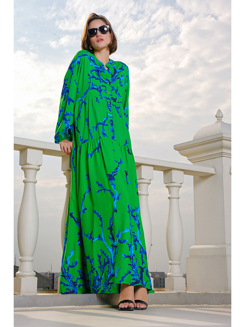 2423 Otantik Desenli Tesettür Elbise - Koyu Yeşil-1