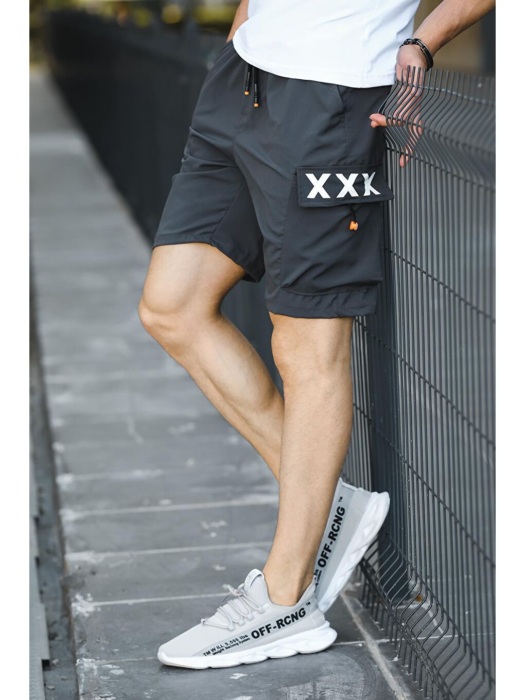 Gri Matta Baskılı Kort Paraşüt Kumaş Kargo Cep Erkek Şort