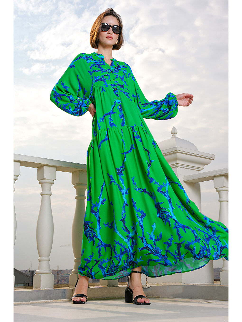 2423 Otantik Desenli Tesettür Elbise - Koyu Yeşil-2