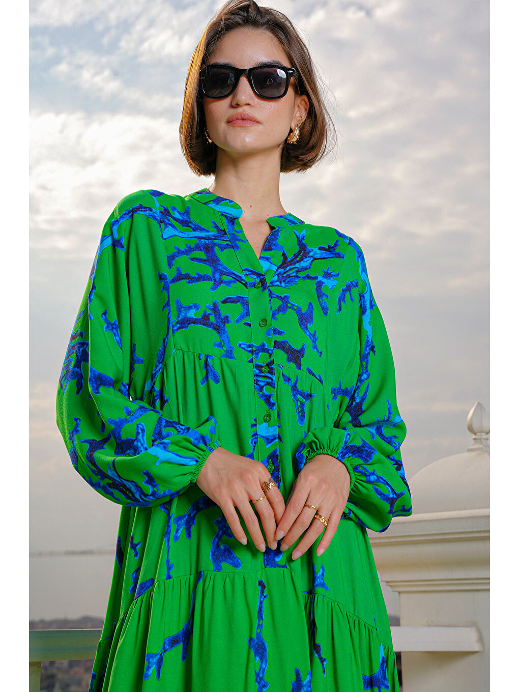 2423 Otantik Desenli Tesettür Elbise - Koyu Yeşil-3