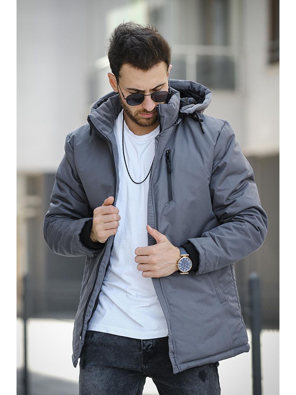 Gri Rabze Kürklü Suya Dayanıklı Kapüşonlu Kaban