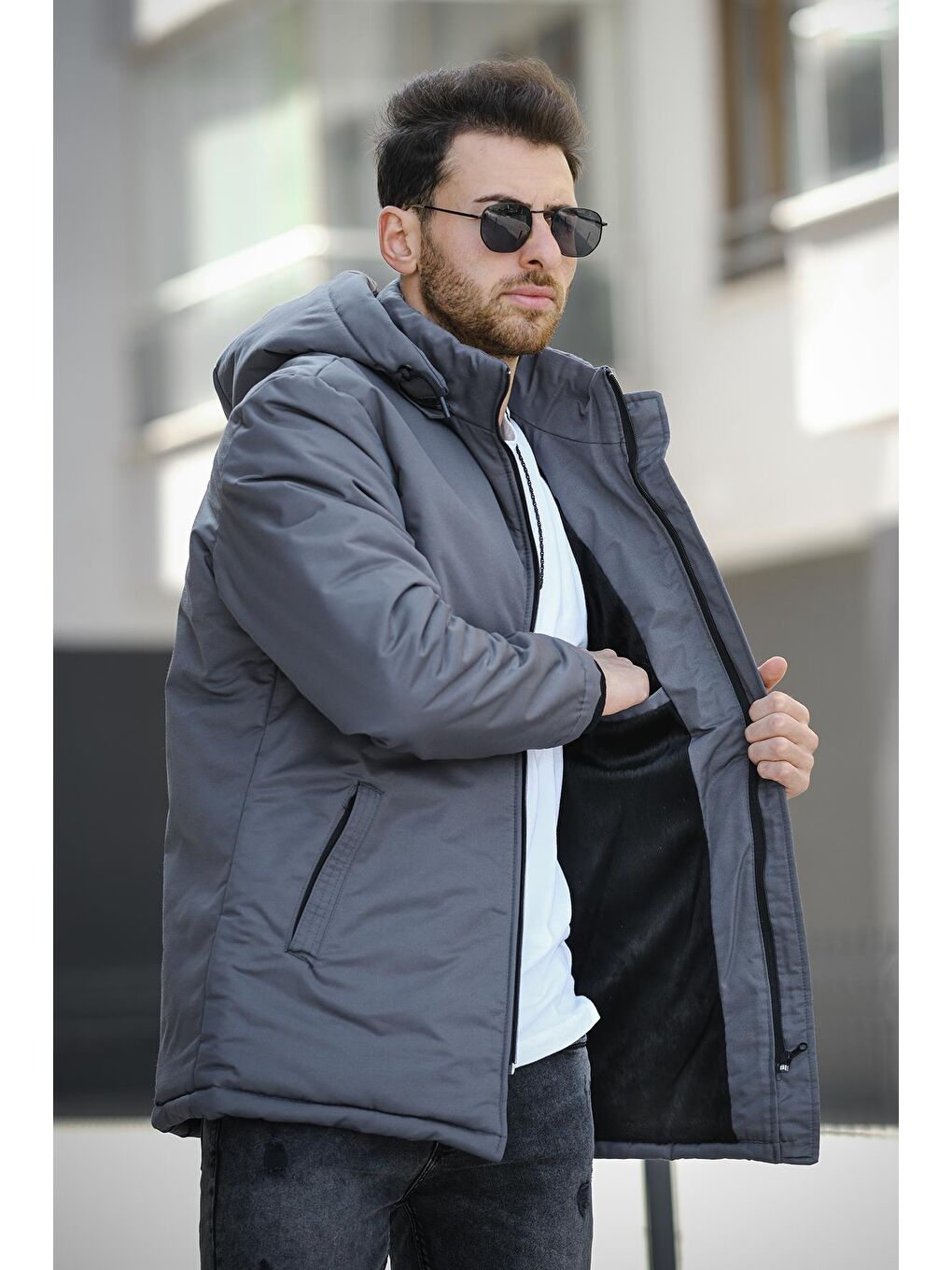 Gri Rabze Kürklü Suya Dayanıklı Kapüşonlu Kaban-1