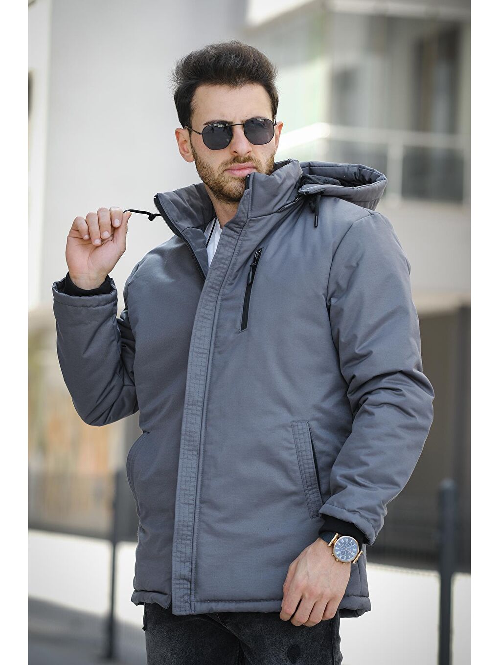 Gri Rabze Kürklü Suya Dayanıklı Kapüşonlu Kaban-2