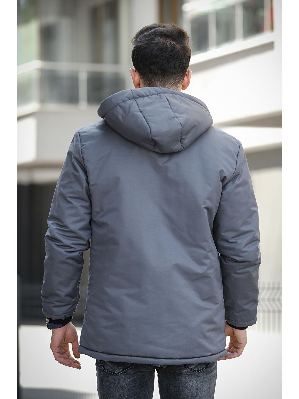 Gri Rabze Kürklü Suya Dayanıklı Kapüşonlu Kaban-3