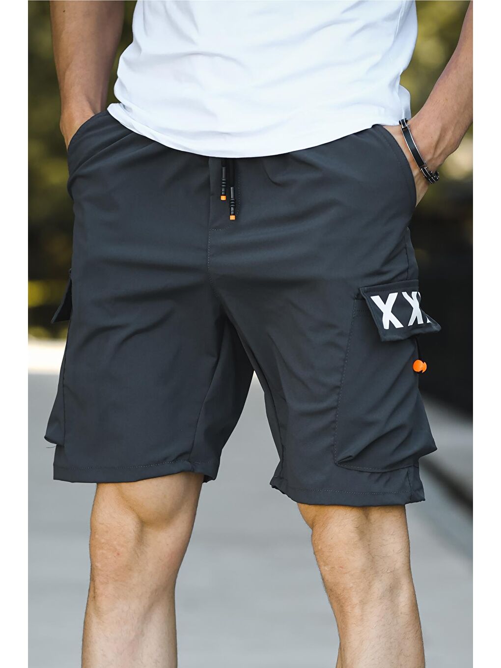 Gri Matta Baskılı Kort Paraşüt Kumaş Kargo Cep Erkek Şort-1