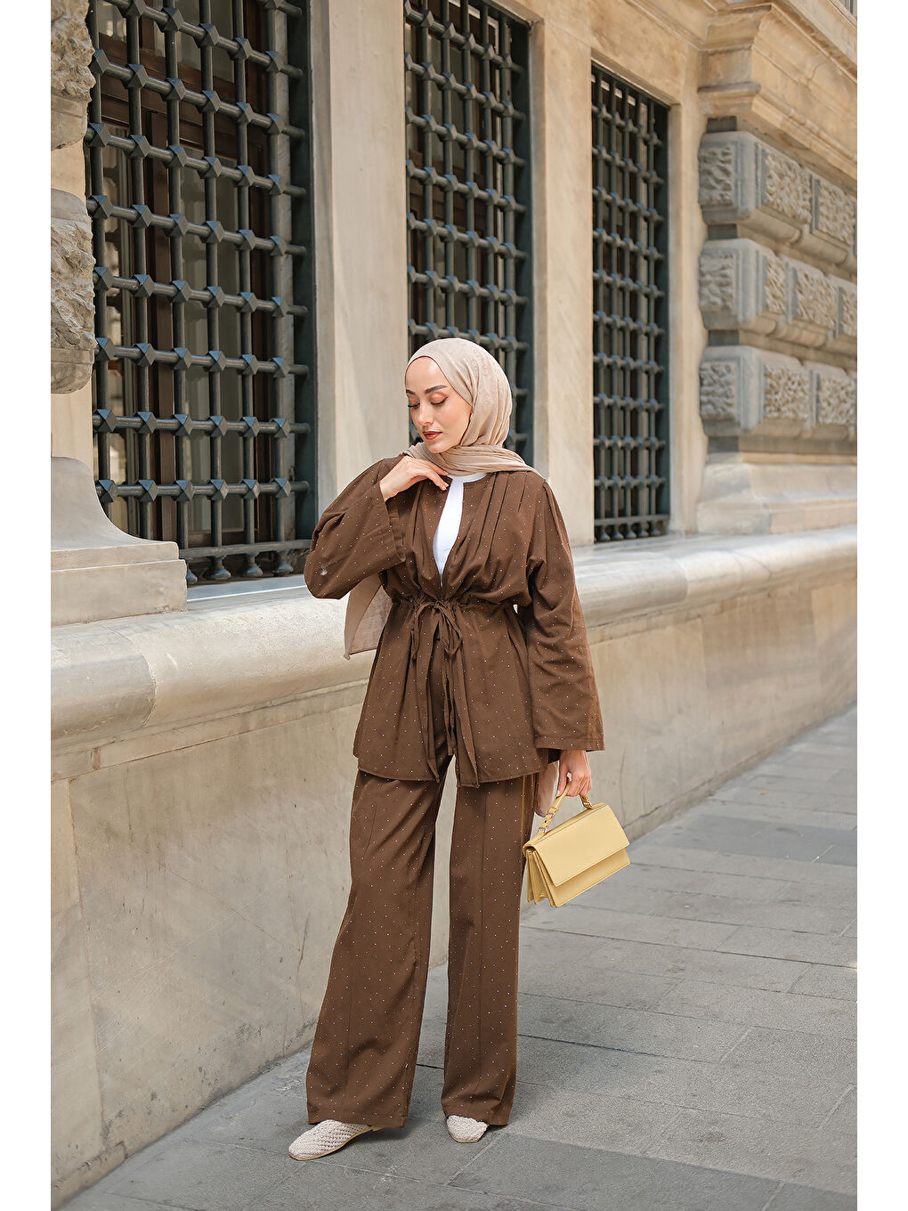 Kadın Taş Detaylı İkili Takım Kahverengi-1