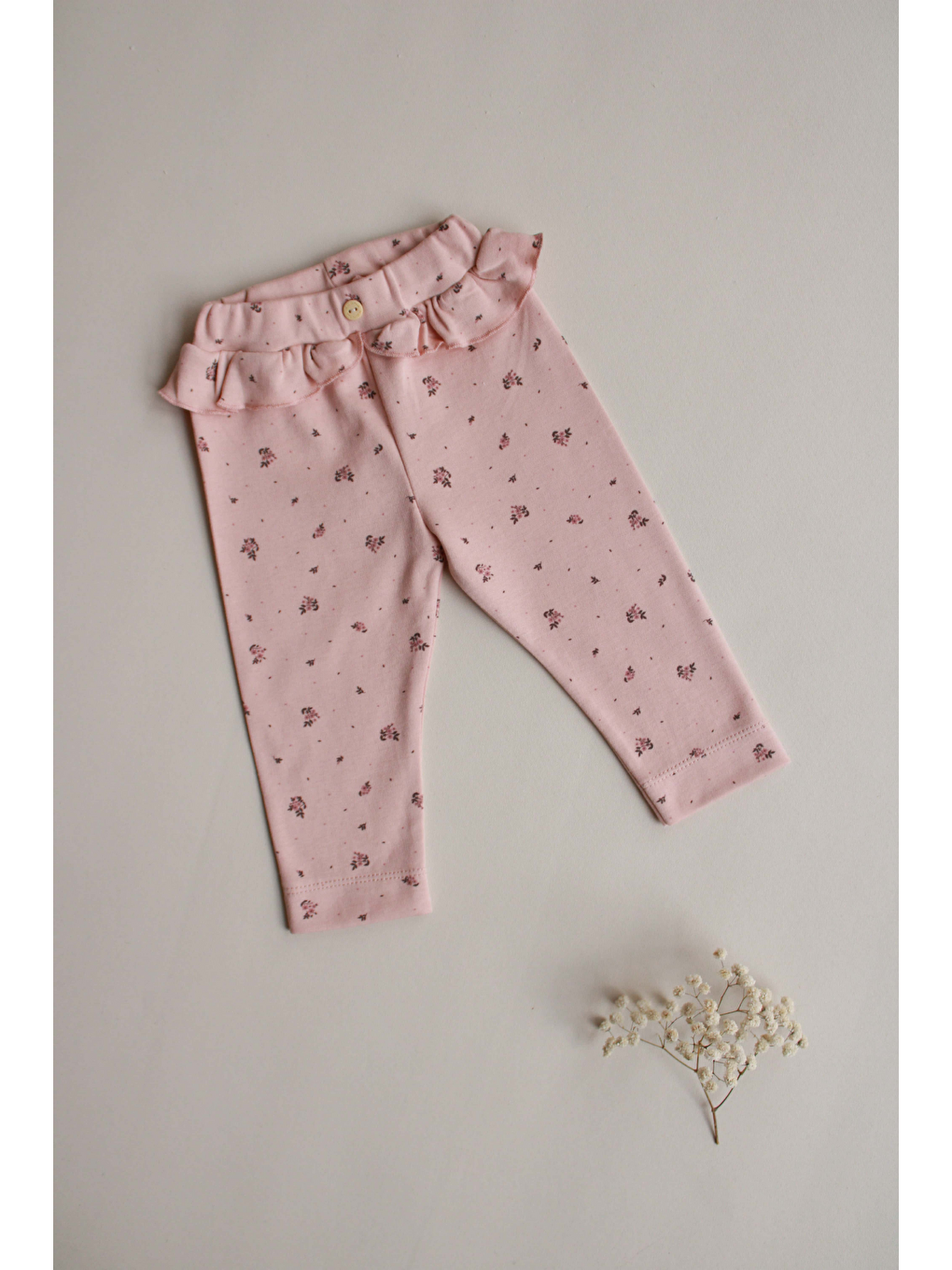 Pembe Gül Baskılı Bel Fırfırlı Kız Bebek Tayt-1