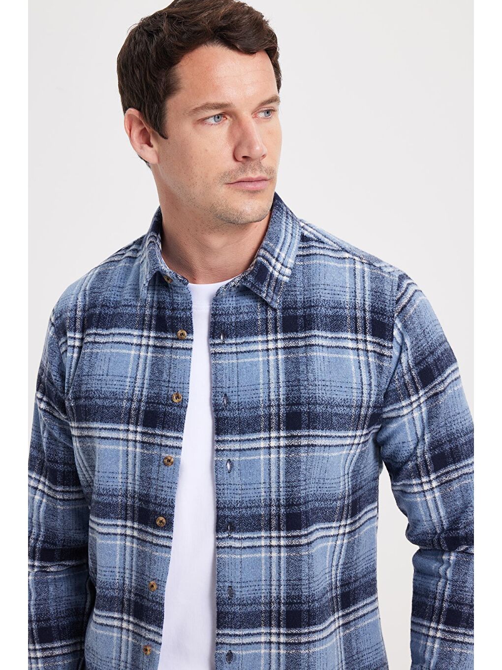 Mavi Erkek Slim Fit Dar Kesim Kareli Kışlık Oduncu Gömlek