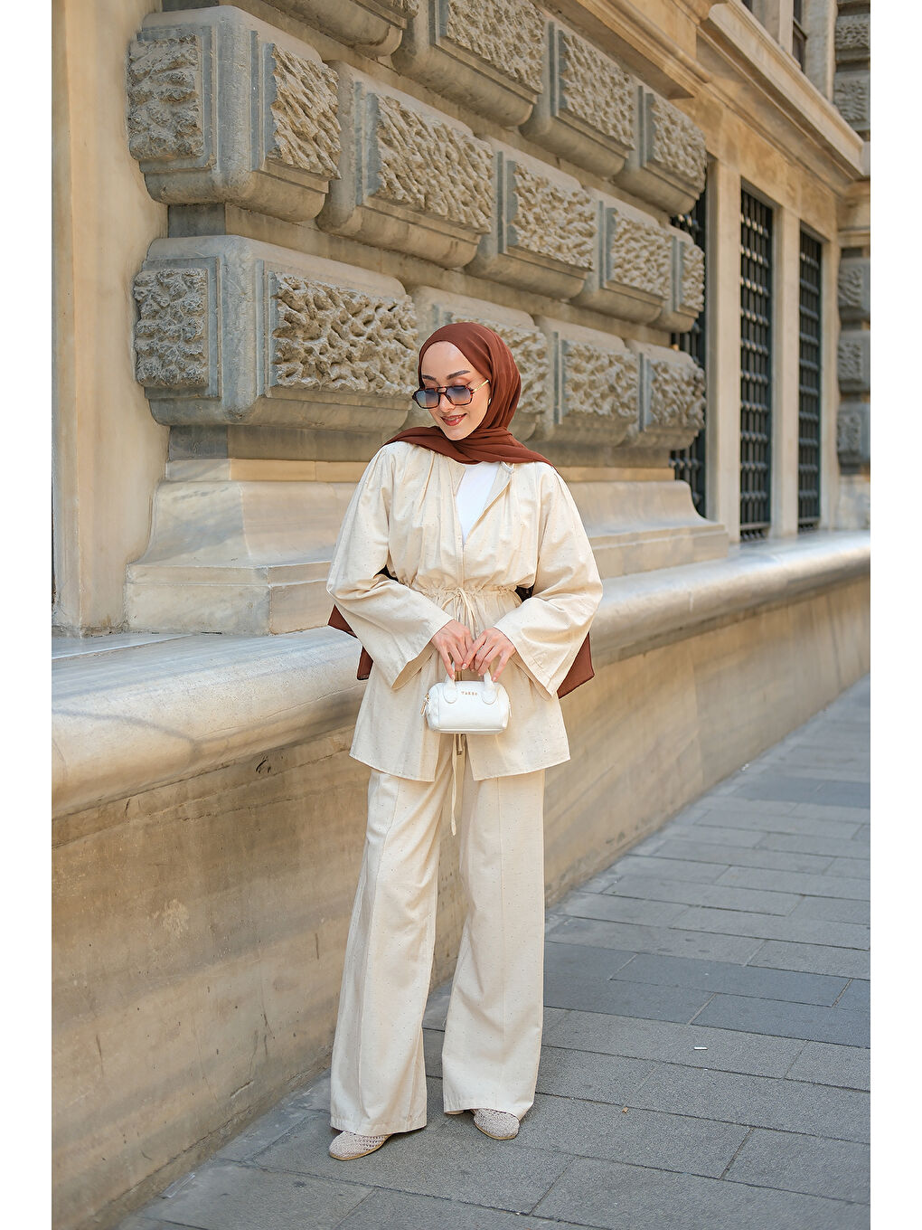 Ekru Kadın Taş Detaylı İkili Takım Krem-1