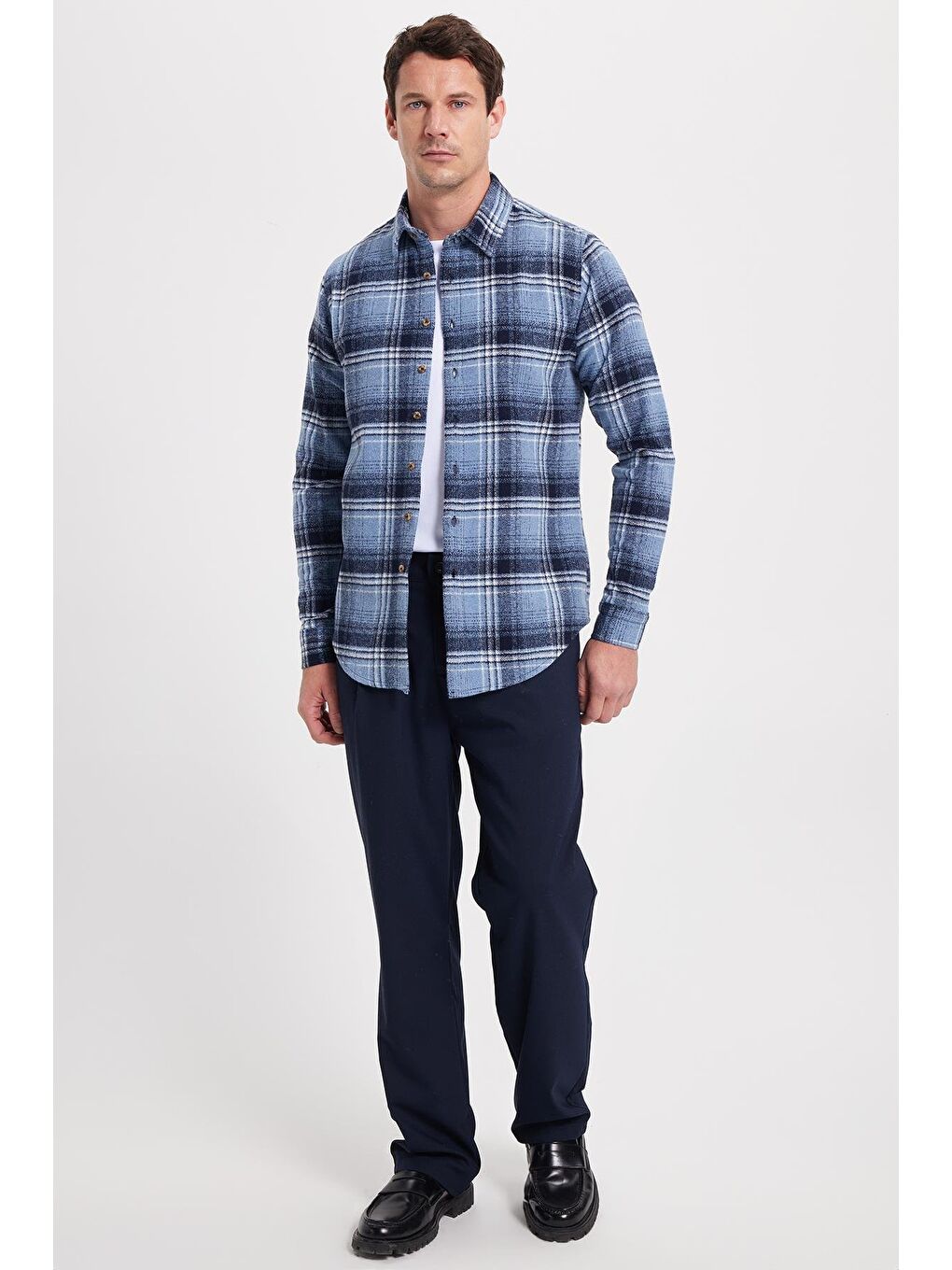 Mavi Erkek Slim Fit Dar Kesim Kareli Kışlık Oduncu Gömlek-1