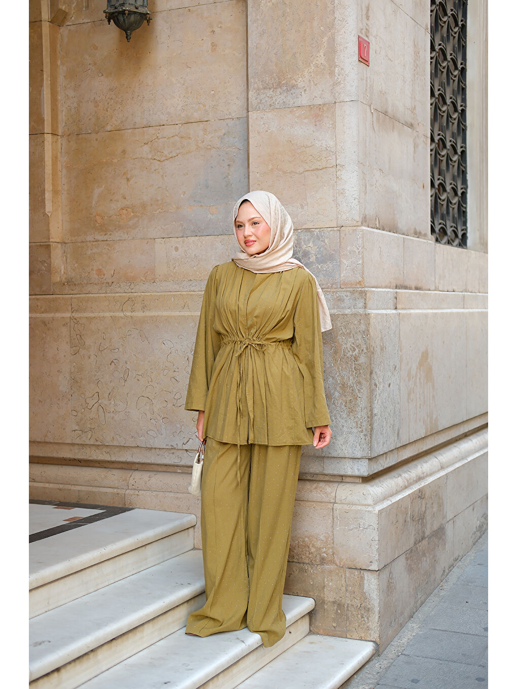 Kadın Taş Detaylı İkili Takım Yağ Yeşil-1