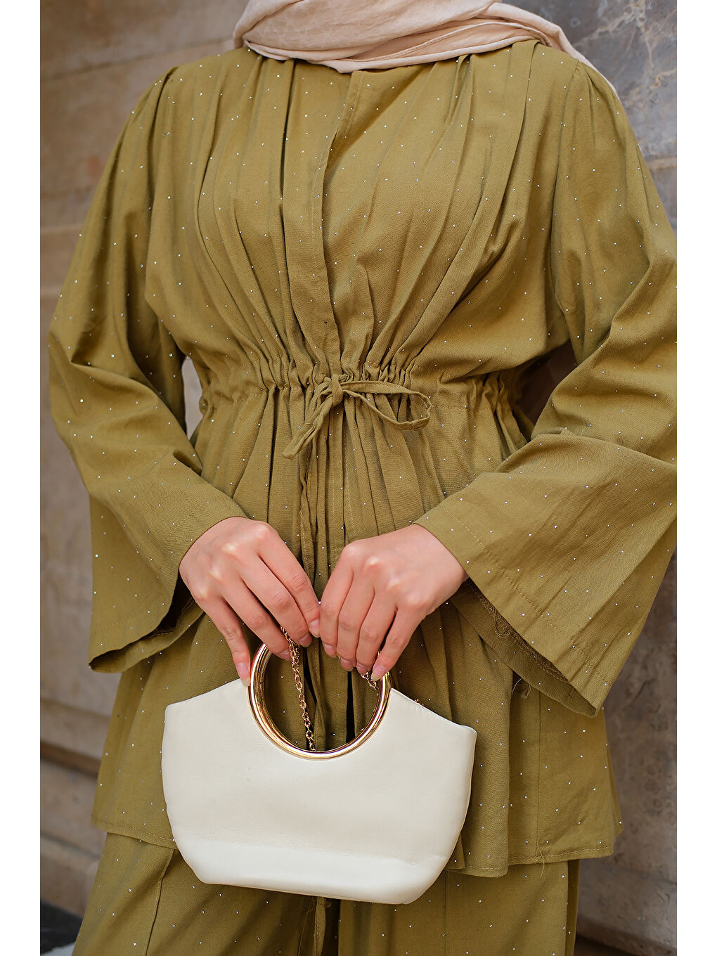 Kadın Taş Detaylı İkili Takım Yağ Yeşil-2